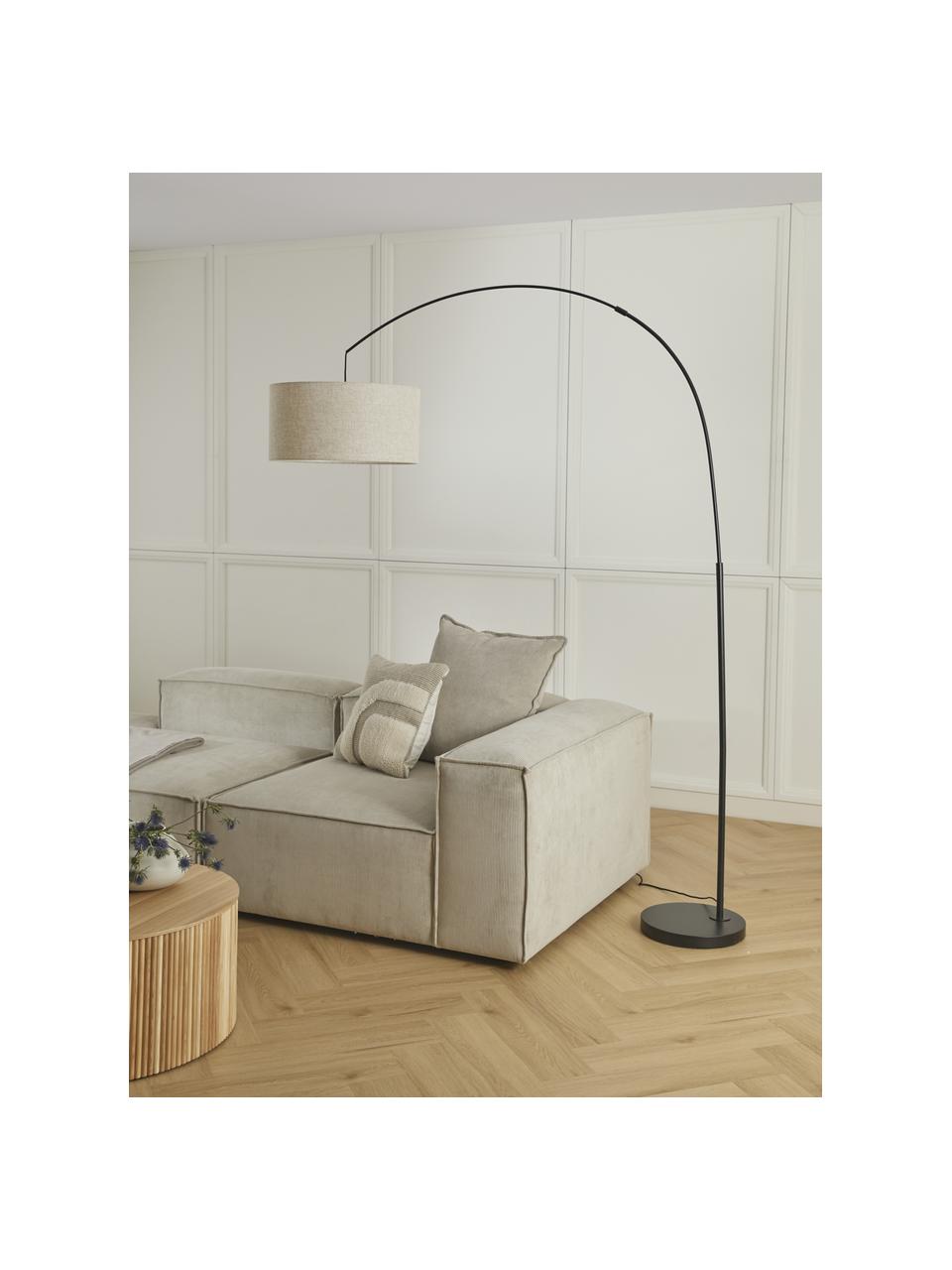 Lámpara arco grande Niels, Pantalla: lino, Cable: cubierto en tela, Negro, beige, Ø 50 x Al 218 cm