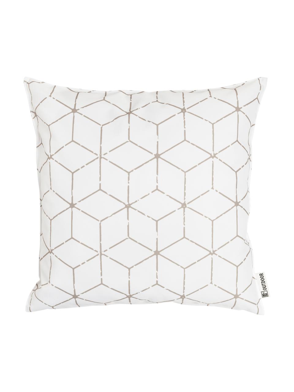 Outdoor kussen Cube met grafisch patroon in beige/wit, met vulling, 100% polyester, Wit, beige, 47 x 47 cm