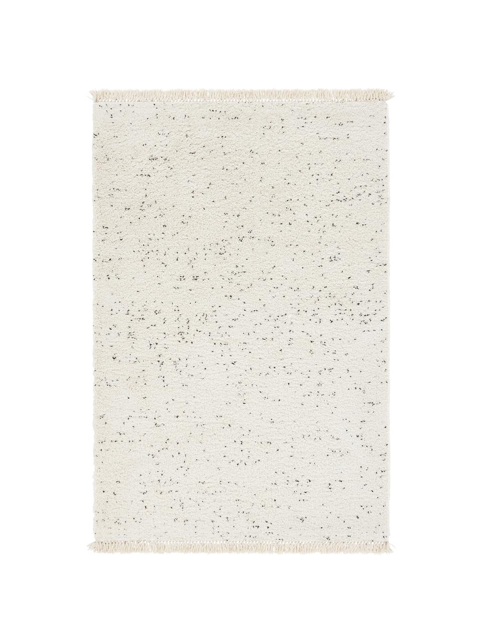 Gespikkeld hoogpolig vloerkleed Ludde met franjes, 68% polypropyleen, 27% jute, 5% polyester, Wolwit, zwart, B 160 x L 230 cm (maat M)