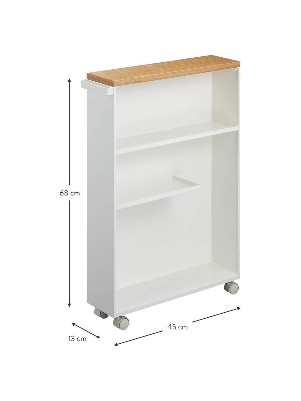 Estantería de baño con ruedas Tower, Estructura: acero con pintura en polv, Tablero: madera, Ruedas: plástico, Blanco, madera clara, An 45 x Al 68 cm