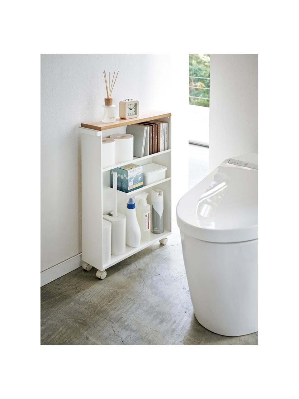 Scaffale da bagno con ruote Tower, Struttura: acciaio verniciato a polv, Ruote: plastica, Bianco, legno chiaro, Larg. 45 x Alt. 68 cm