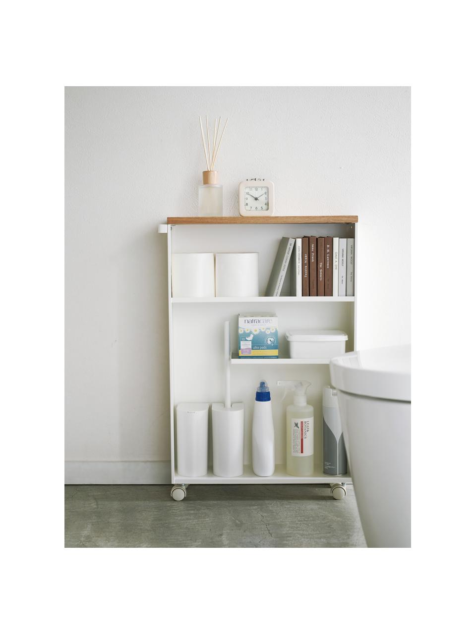 Scaffale da bagno con ruote Tower, Struttura: acciaio verniciato a polv, Ruote: plastica, Bianco, legno chiaro, Larg. 45 x Alt. 68 cm