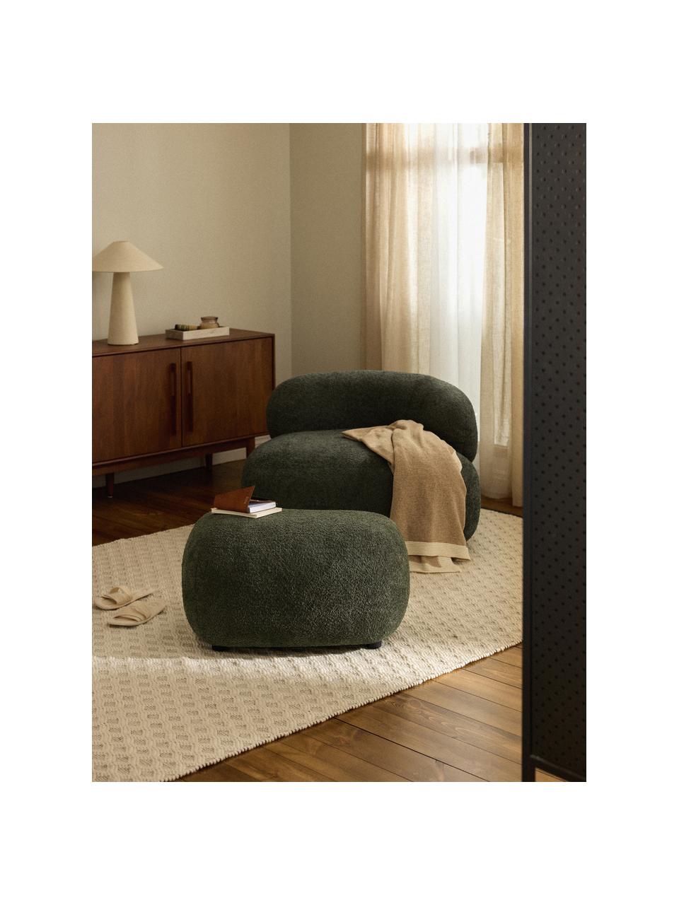 Pouf in teddy-bouclé Alba, Rivestimento: 100% poliestere (teddy bo, Teddy-bouclé verde scuro, Larg. 70 x Alt. 42 cm, curvatura a sinistra