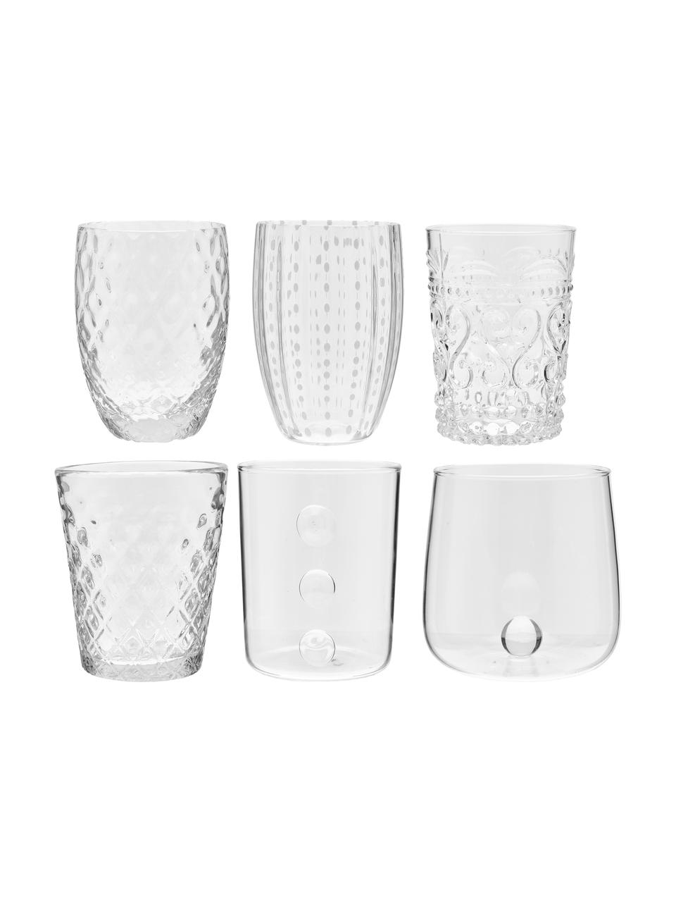 Mondgeblazen waterglazen Melting Pot Calm met verschillende reliëfs, 6-delig, Glas, Transparant, wit, Ø 7-10 x H 9-11 cm, 270 - 440 ml