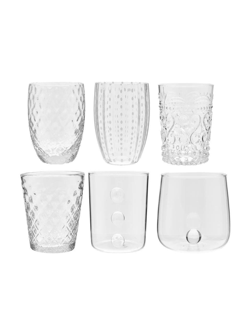 Mundgeblasene Wassergläser Melting Pot Calm mit unterschiedlichem Relief, 6er-Set, Glas, Transparent, Weiß, Ø 7-10 x H 9-11 cm, 270 bis 440 ml