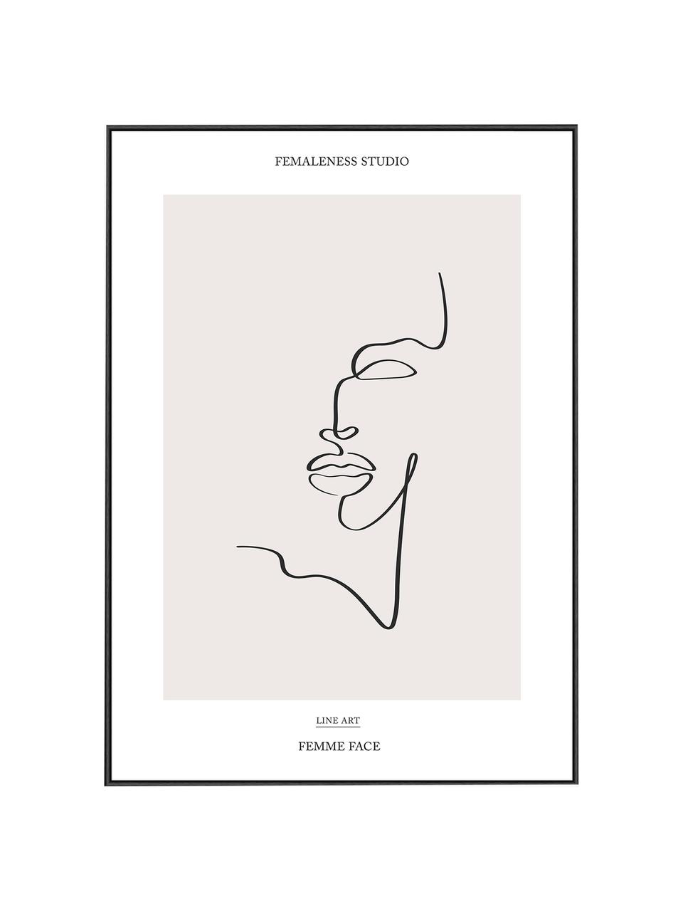Stampa digitale incorniciata Femme Face, Immagine: stampa digitale su carta, Struttura: legno, pannello di fibra , Nero, beige, bianco, Larg. 32 x Alt. 42 cm