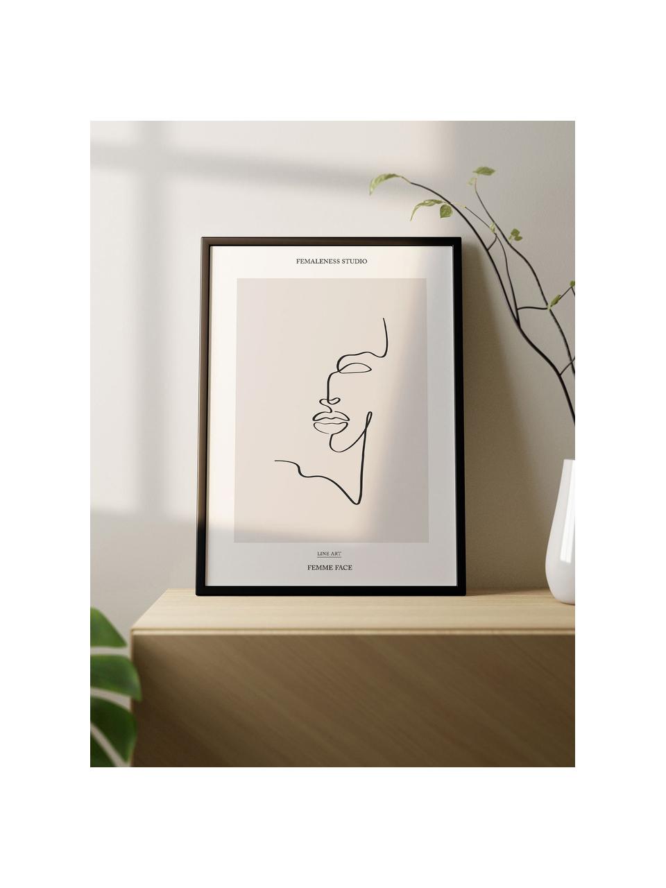 Ingelijste digitale print Femme Face, Lijst: hout, MDF, Zwart, beige, B 32 x H 42 cm