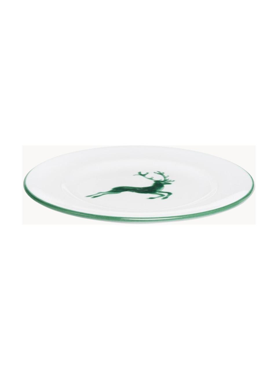 Plato postre artesanal Grüner Hirsch, Cerámica, Blanco, verde, Ø 22 cm