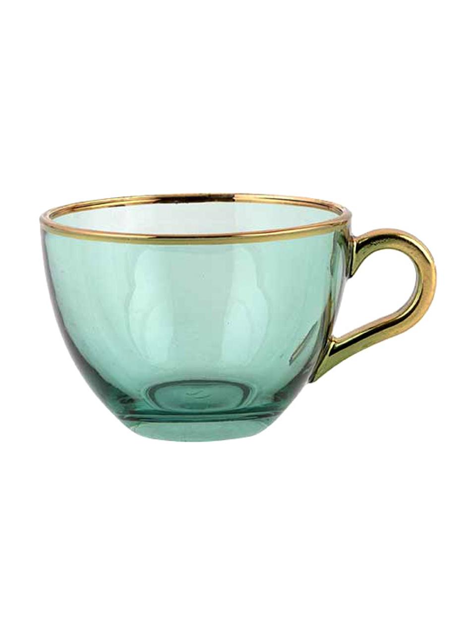 Handgemachte Tassen Allure mit Untertassen und Goldrand, 2 Stück, Glas, Grün, Goldfarben, Ø 9 x H 6 cm