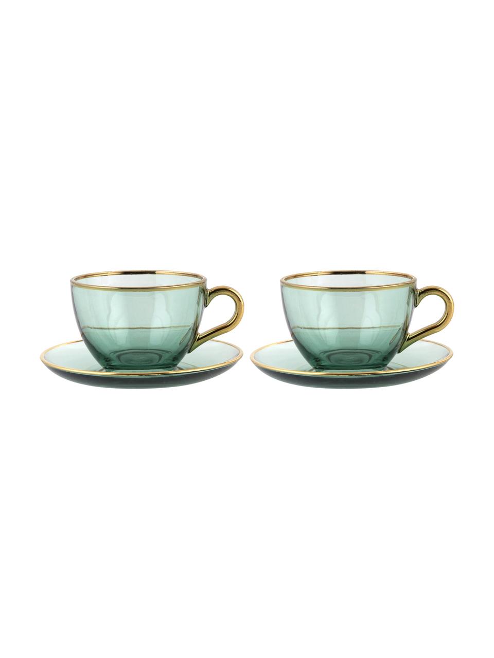 Tazza fatta a mano con piattino con bordi dorati Allure, Vetro, Verde, dorato, Larg. 9 x Alt. 6 cm