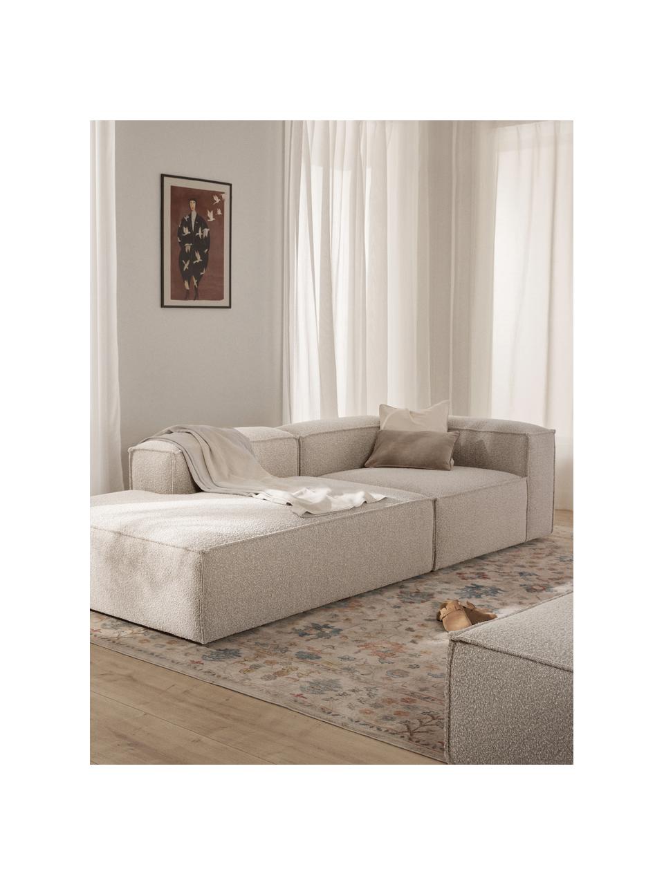 Modulare Ottomane Lennon aus Bouclé, Bezug: Bouclé (100 % Polyester) , Gestell: Massives Kiefernholz FSC-, Bouclé Off White, B 269 x T 119 cm, Rückenlehne rechts