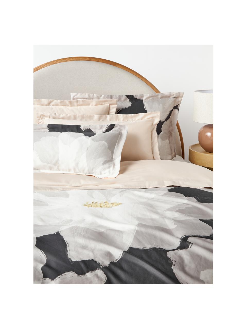 Funda de almohada de satén de algodón Alyssa, Tonos grises, blanco crema, An 45 x L 110 cm