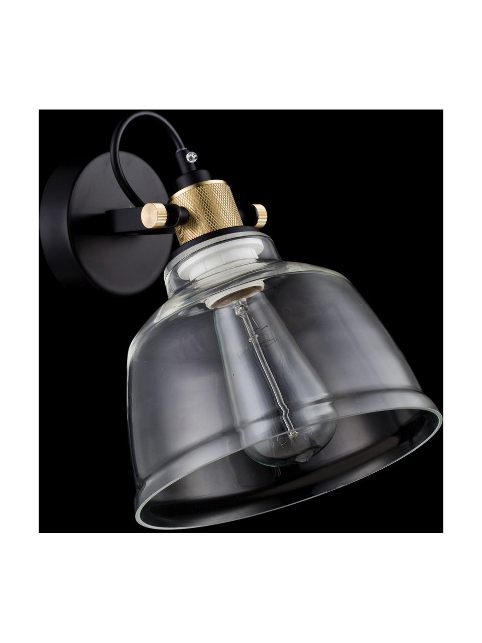 Verstelbare wandlamp Irving van transparant glas, Lampenkap: glas, Frame: gecoat metaal, Transparant, zwart, goudkleurig, D 25 x H 27 cm