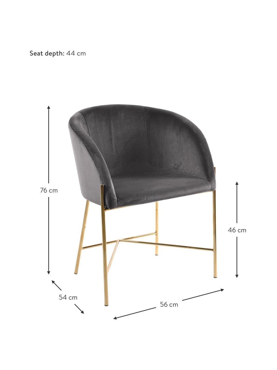 Chaise rembourrée velours gris foncé Nelson, Gris foncé, couleur laitonnée, larg. 56 x prof. 55 cm