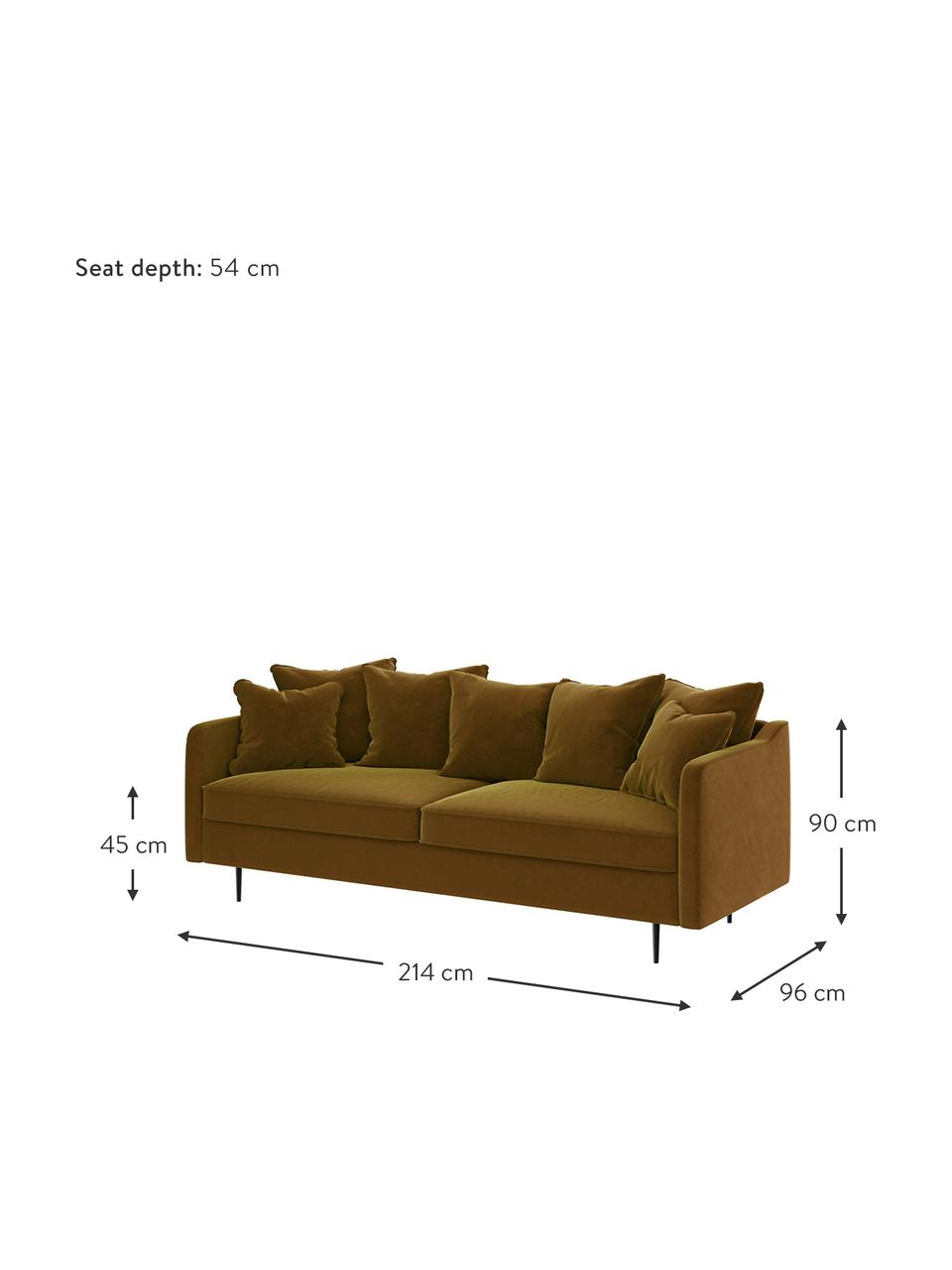 Divano 3 posti in velluto giallo senape Esme, Rivestimento: 100% velluto di poliester, Struttura: legno duro, legno tenero,, Piedini: metallo rivestito Il rive, Giallo senape, Larg. 214 x Prof. 96 cm