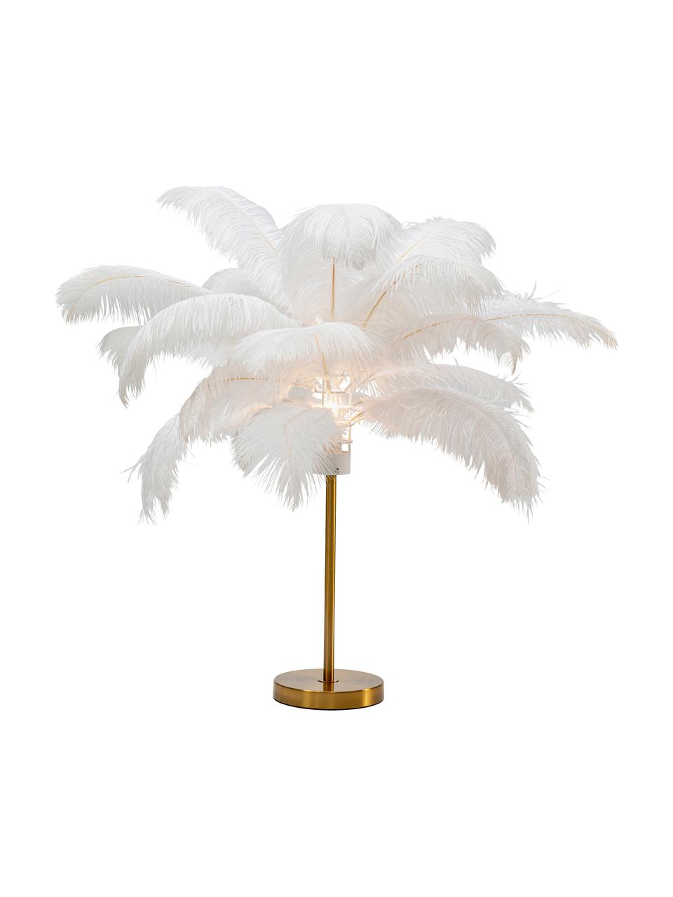 Lámpara de mesa Feather Palm, Pantalla: plumas de avestruz, Estructura: acero latón, Cable: plástico, Dorado, blanco, Ø 50 x Al 60 cm