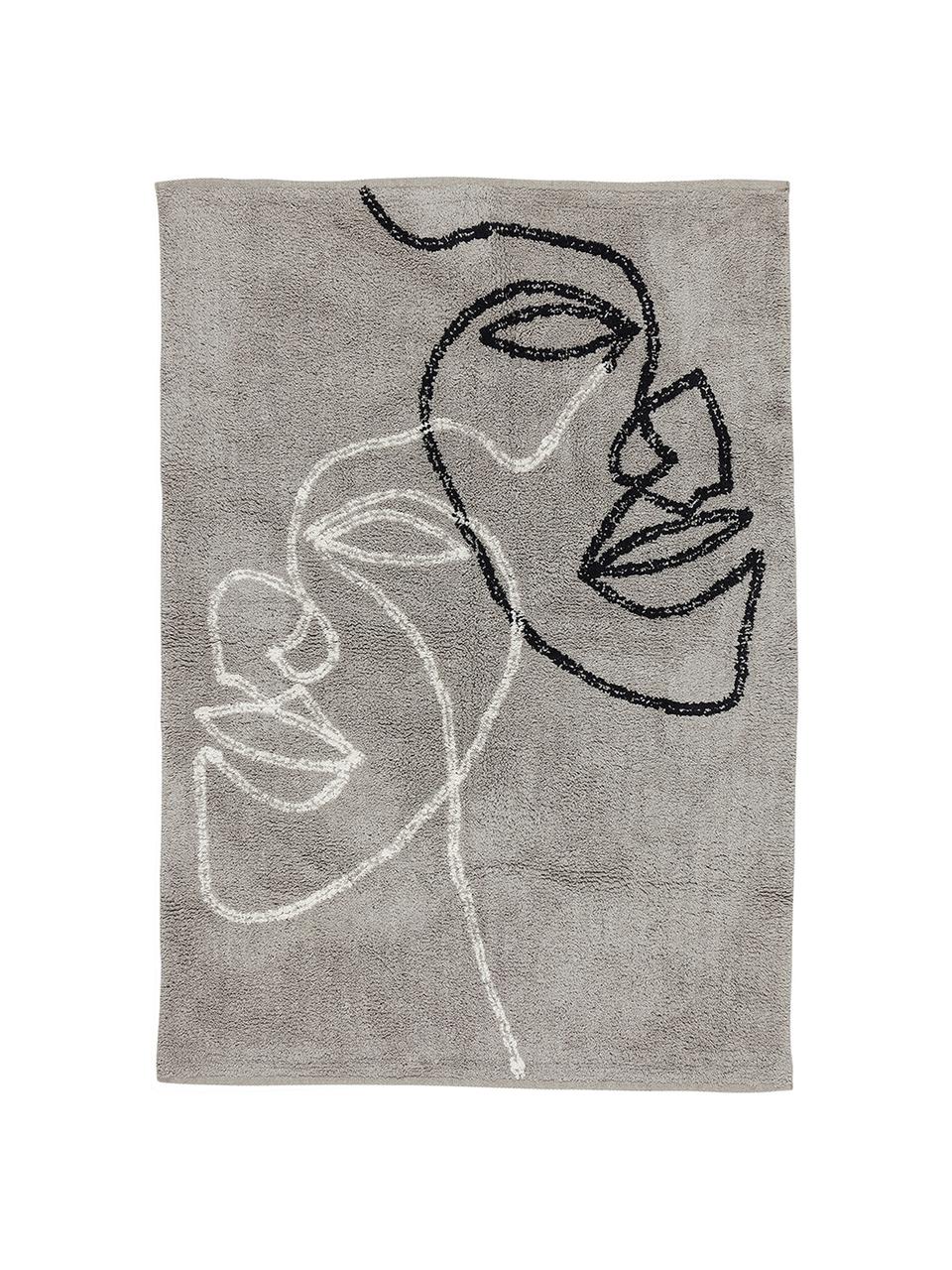Katoenen vloerkleed Visage met abstracte one line tekening, Biokatoen, Grijs, zwart, wit, B 90 x L 120 cm (maat S)