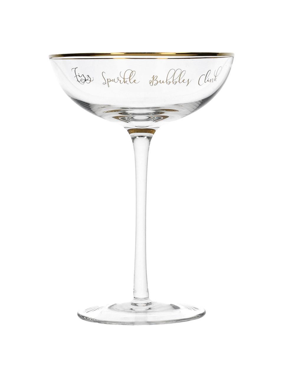 Champagnerschalen Fizz mit goldener Aufschrift, 2 Stück, Glas, Transparent, Goldfarben, Ø 12 x H 18 cm