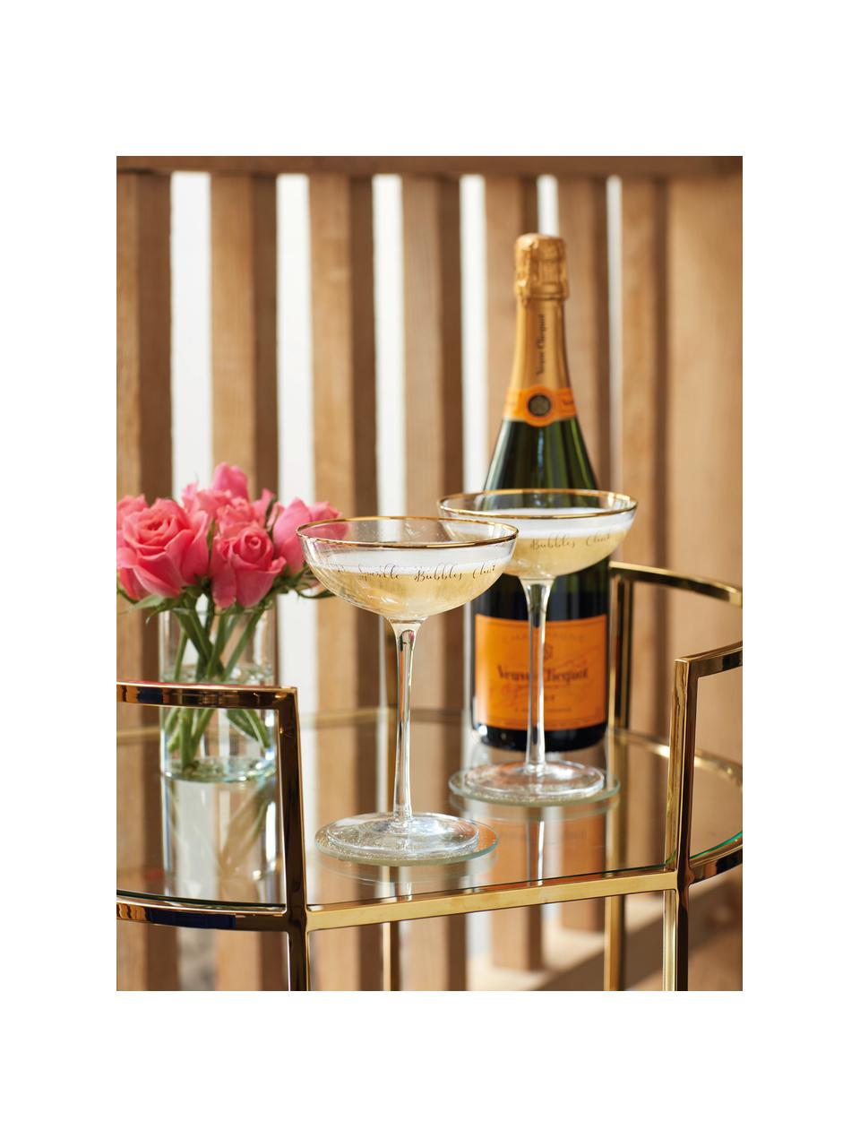 Sklenice na šampaňské se zlatými nápisy Fizz Sparkle Pop Clink, 2 ks, Transparentní, zlatá