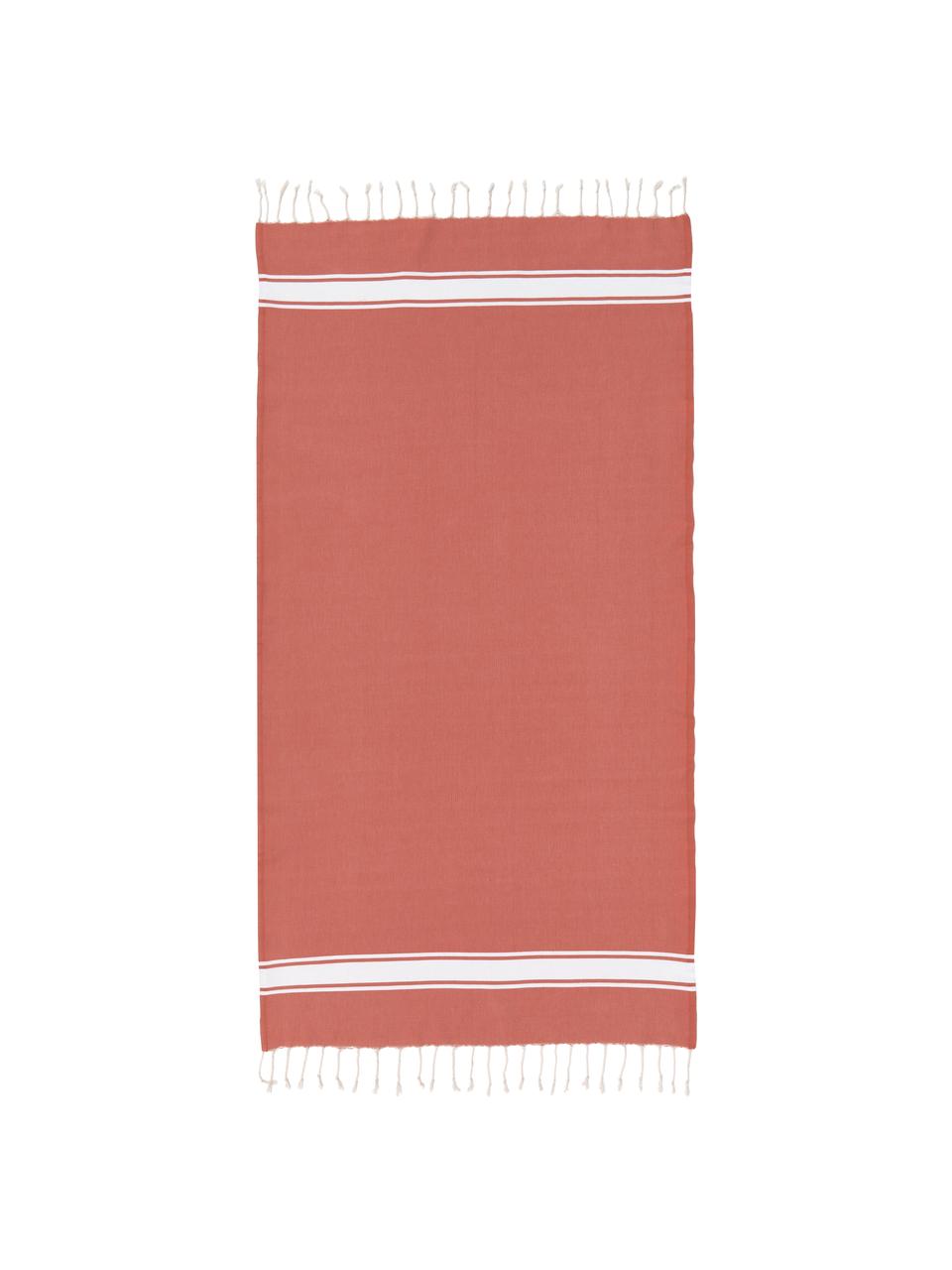 Fouta s proužky a třásněmi St Tropez, 100 % bavlna, Korálově červená, bílá, Š 100 cm, D 200 cm