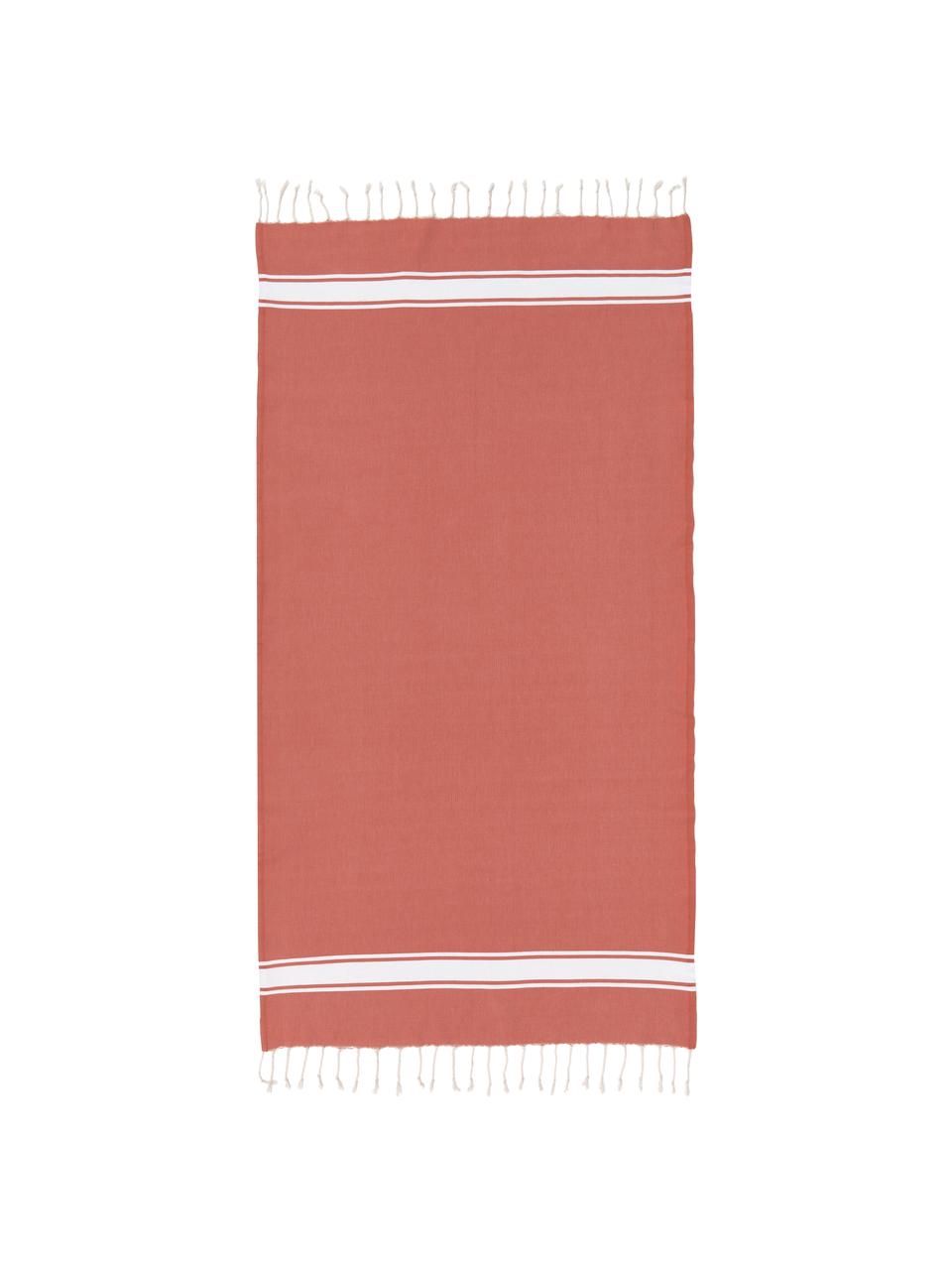 Hammam osuška so strapcami St Tropez, 100 % bavlna, Koralovočervená, biela, Š 100 x D 200 cm