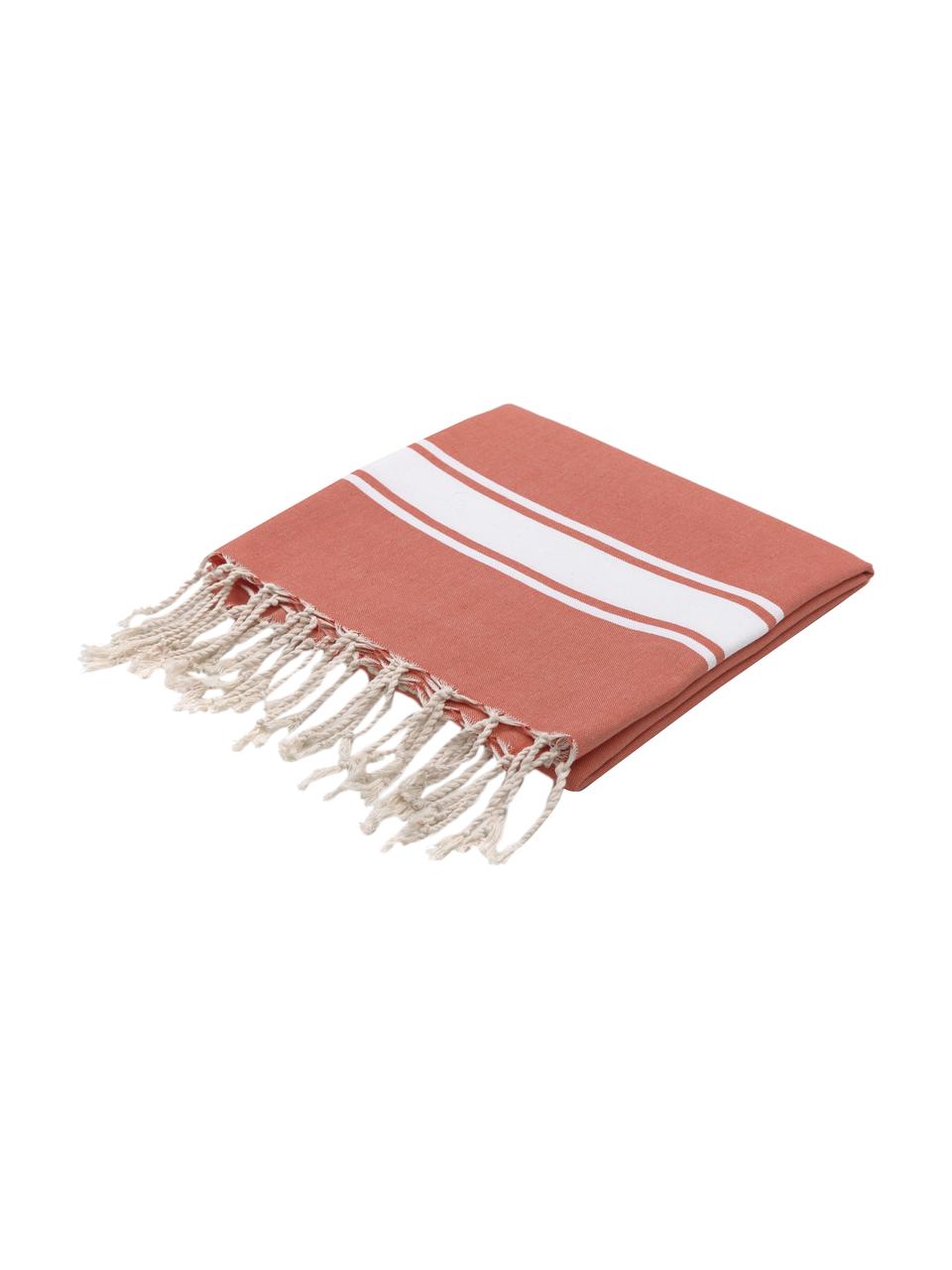 Fouta s proužky a třásněmi St Tropez, 100 % bavlna, Korálově červená, bílá, Š 100 cm, D 200 cm