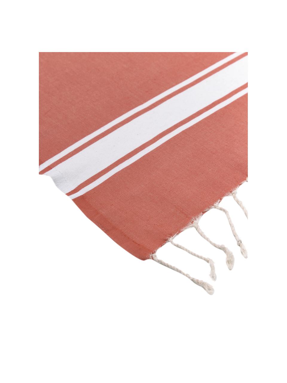 Fouta rayé à franges St Tropez, 100 % coton, Rouge corail, blanc, larg. 100 x long. 200 cm