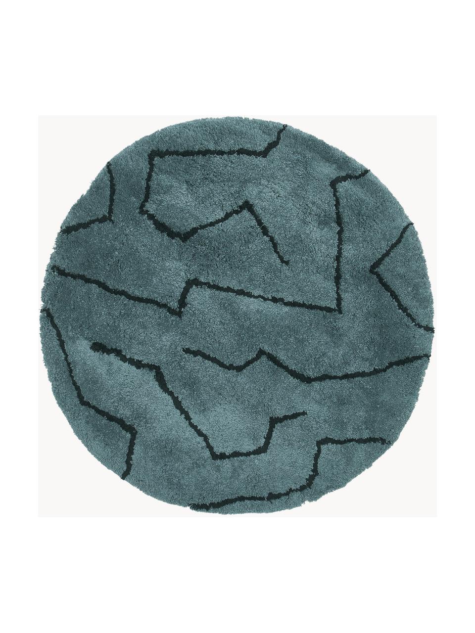 Tapis rond à poils longs tufté à la main Davin, Bleu pétrole, noir, Ø 120 cm (taille S)