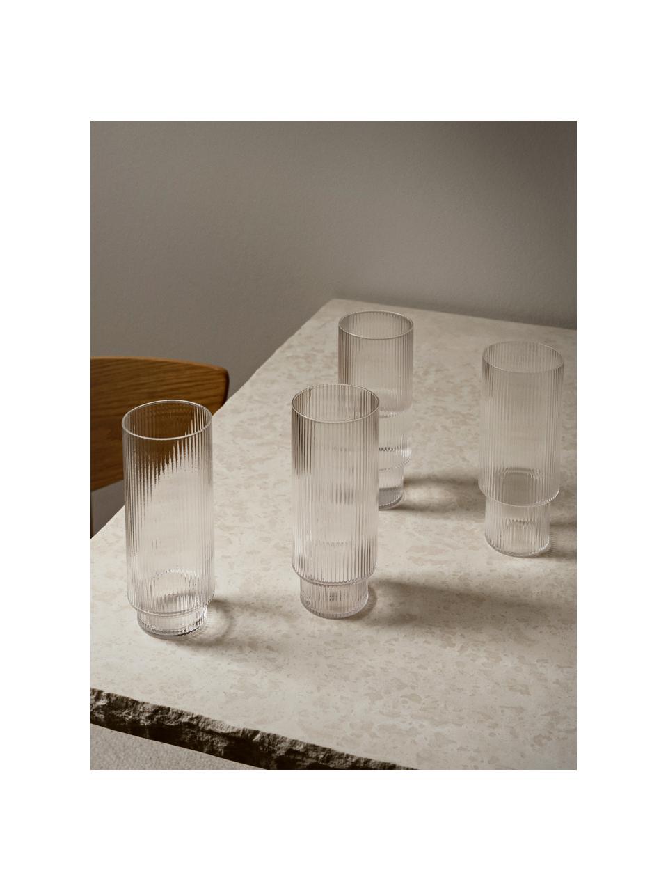 Mundgeblasene Longdrinkgläser Ripple mit Rillenrelief, 4er-Set, Glas, mundgeblasen, Transparent, glänzend, Ø 6 x H 14 cm, 300 ml