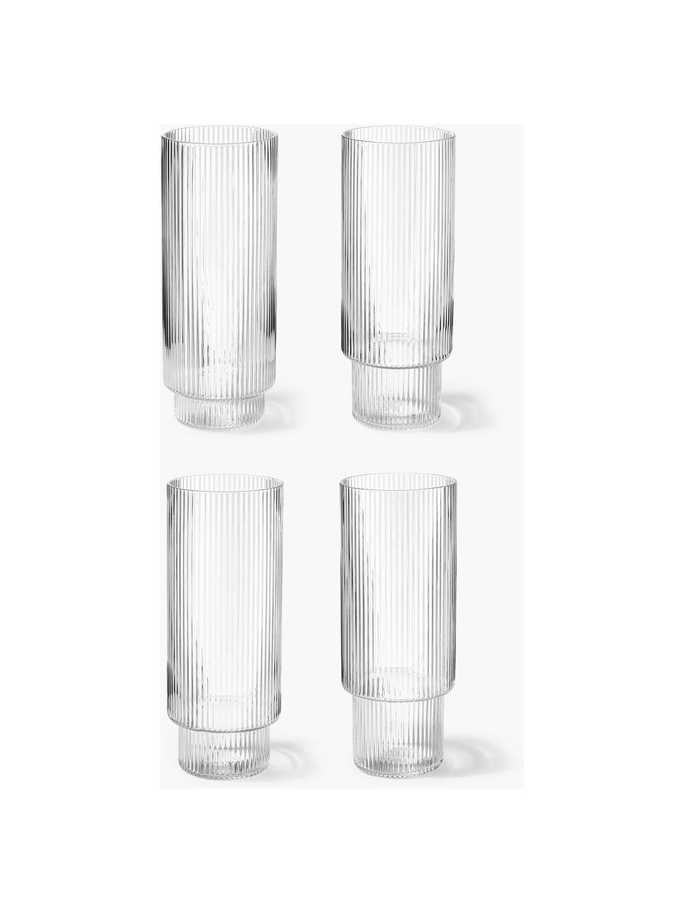 Mundgeblasene Longdrinkgläser Ripple mit Rillenrelief, 4er-Set, Glas, mundgeblasen, Transparent, glänzend, Ø 6 x H 14 cm, 300 ml