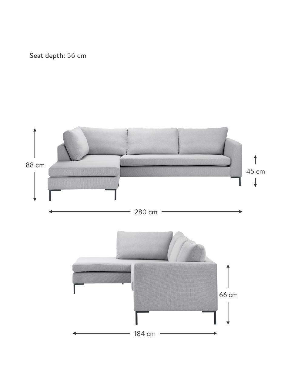 Ecksofa Luna mit Metall-Füßen, Bezug: 100% Polyester Der hochwe, Gestell: Massives Buchenholz, Füße: Metall, galvanisiert, Webstoff Hellgrau, B 280 x T 184 cm, Eckteil links