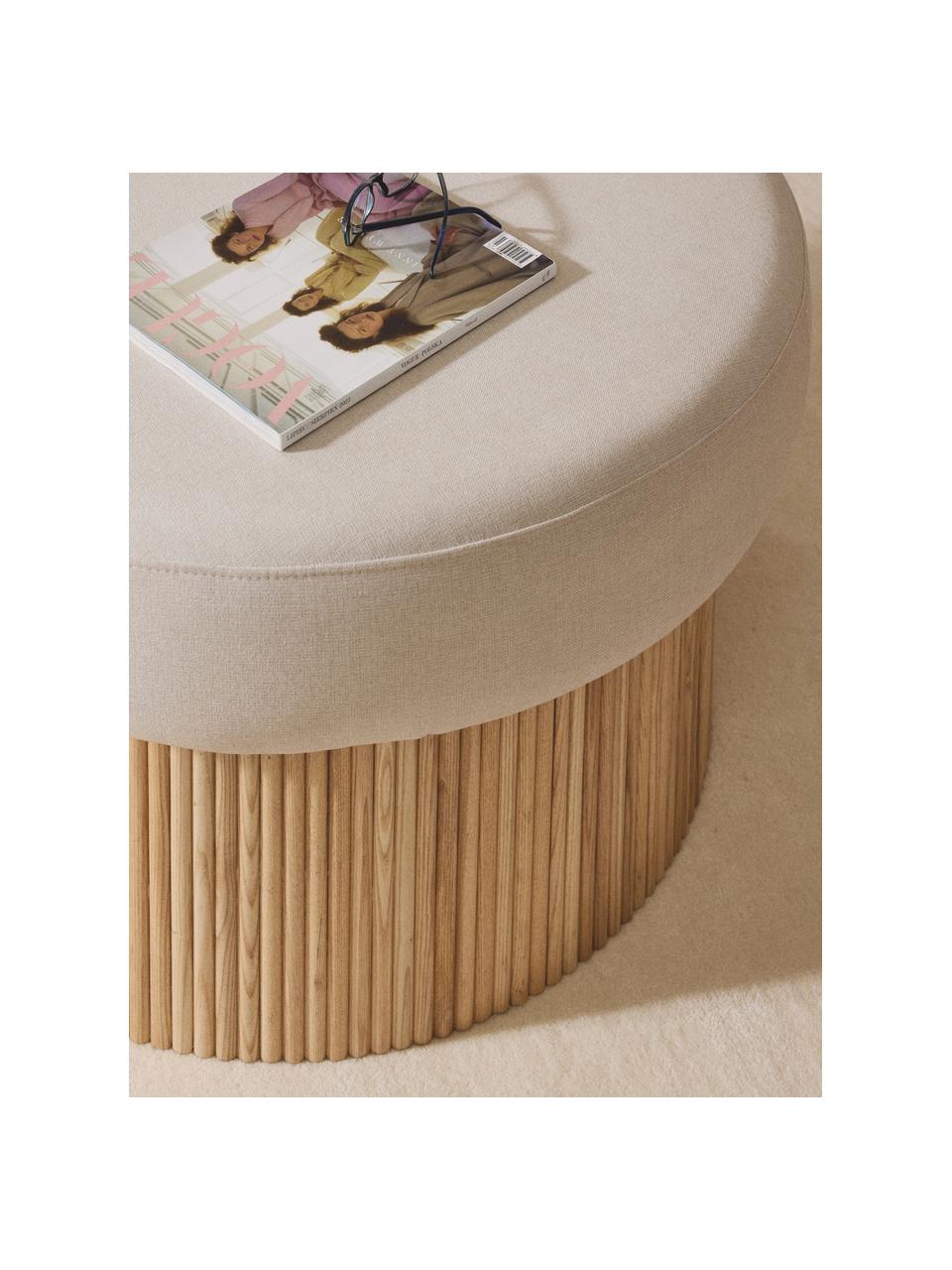 Pouf XL con vano contenitore Nala, Rivestimento: 100% poliestere Con 40.00, Struttura: legno di frassino Il mate, Tessuto beige chiaro, legno di frassino chiaro, Ø 82 x Alt. 46 cm