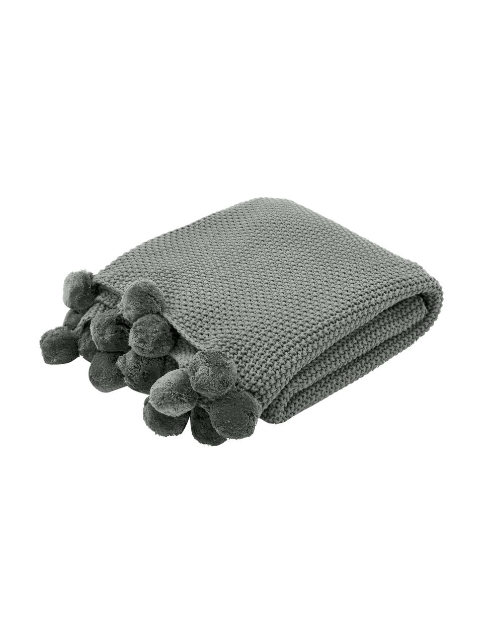 Pletený pléd s bambulkami Molly, 100 % bavlna, Zelená, Š 130 cm, D 170 cm