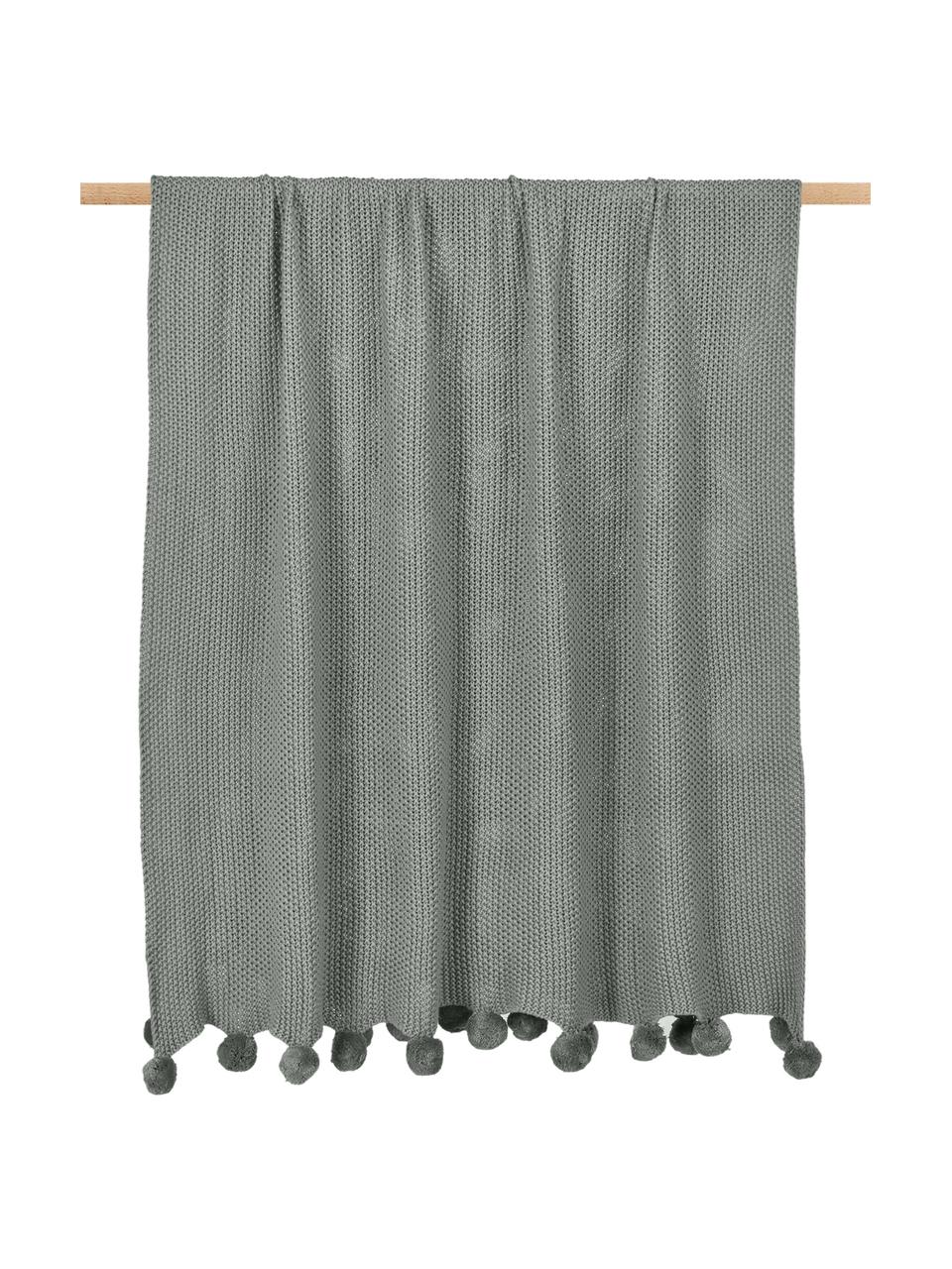 Pletený pléd s bambulkami Molly, 100 % bavlna, Zelená, Š 130 cm, D 170 cm