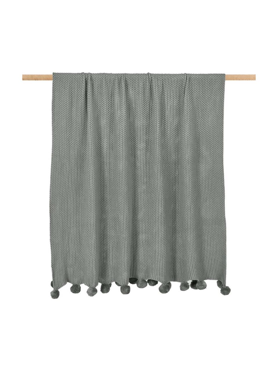 Coperta a maglia con pompon Molly, 100% cotone, Verde oliva, Larg. 130 x Lung. 170 cm