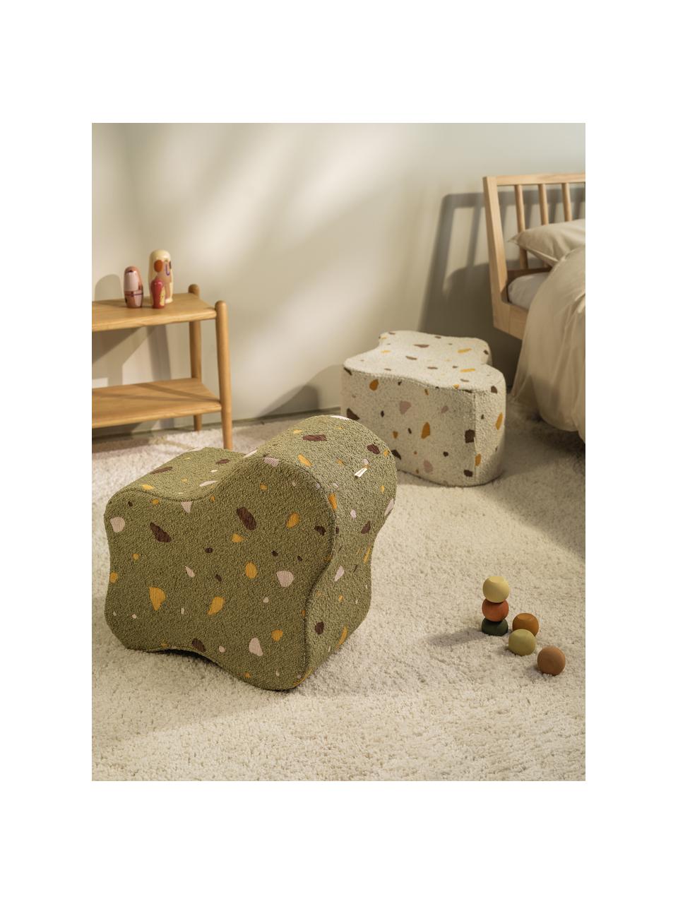 Handgefertigter Kinder-Pouf Cloud aus Bouclé, Bouclé Olivgrün, Terrazzo-Optik, B 40 x T 25 cm