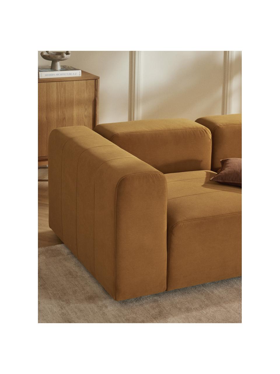 Sofa modułowa z aksamitu Lena (4-osobowa), Tapicerka: aksamit (100% poliester) , Stelaż: drewno sosnowe, sklejka, , Nogi: tworzywo sztuczne Ten pro, Ochrowy aksamit, S 284 x G 106 cm