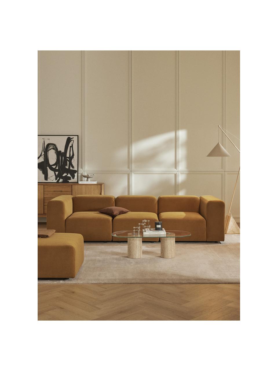 Divano componibile 4 posti in velluto Lena, Rivestimento: velluto (100% poliestere), Struttura: legno di pino, legno lami, Piedini: plastica, Velluto giallo ocra, Larg. 284 x Prof. 106 cm