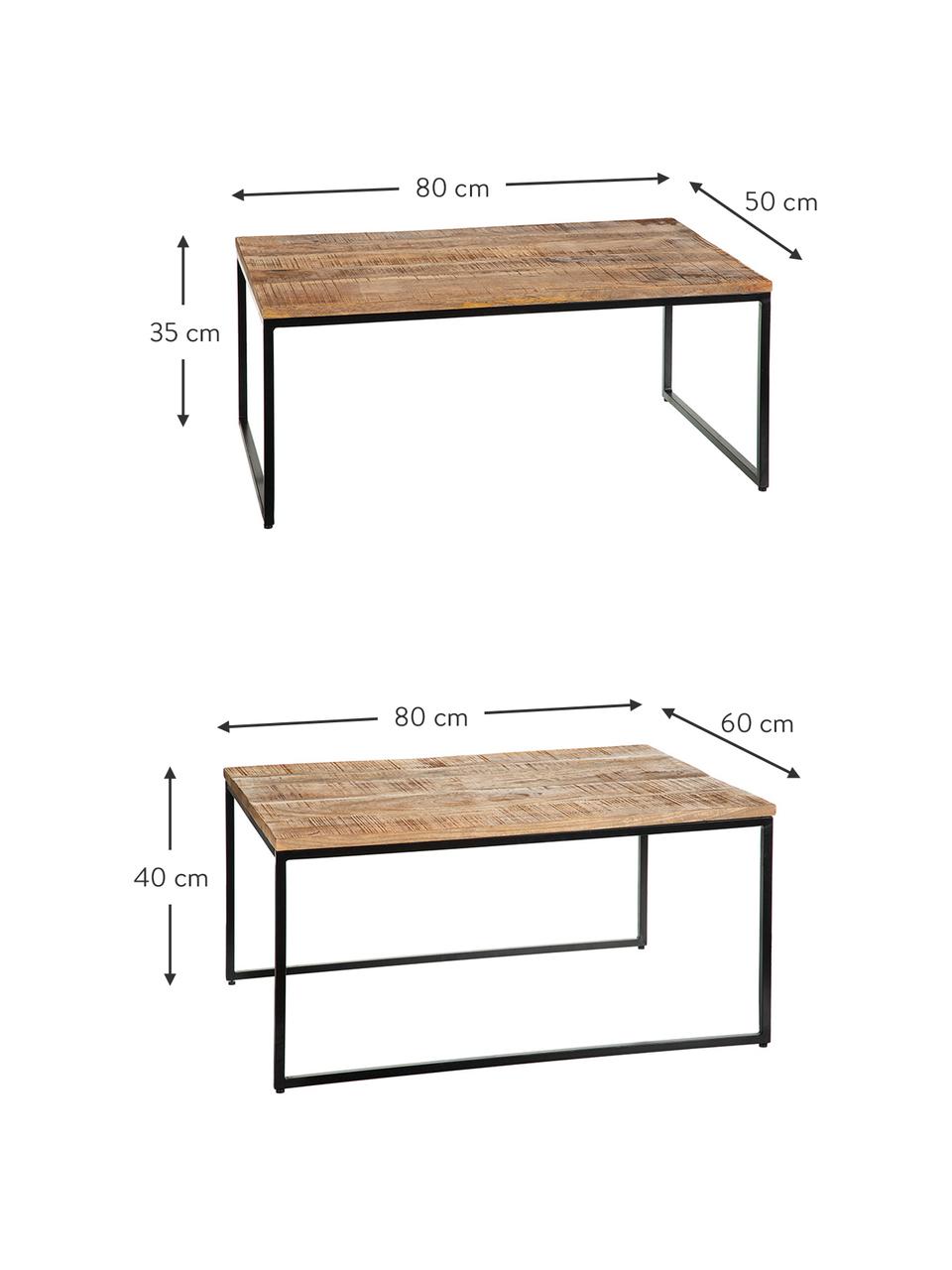 Houten salontafelset Kentin met metalen frame, 2-delig, Tafelblad: mangohout, Frame: gelakt metaal, Bruin, Set met verschillende formaten