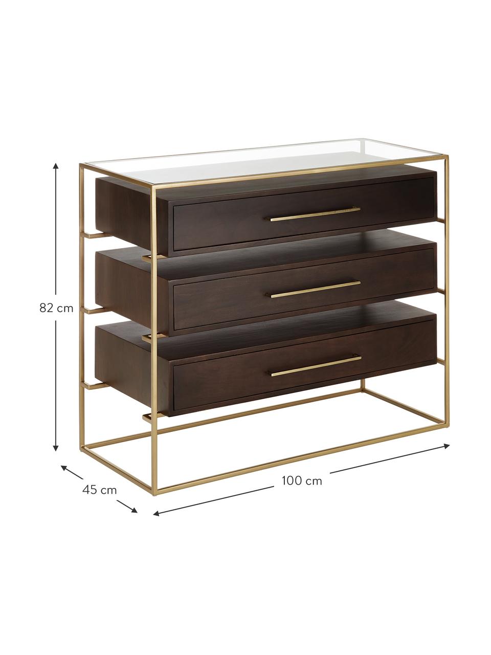 Schubladenkommode Lyle mit Glasplatte, Ablagefläche: Glas, Dunkles Mangoholz, Goldfarben, B 100 x H 82 cm