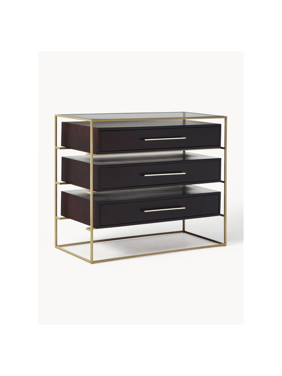 Schubladenkommode Lyle mit Glasplatte, Ablagefläche: Glas, Dunkles Mangoholz, Goldfarben, B 100 x H 82 cm