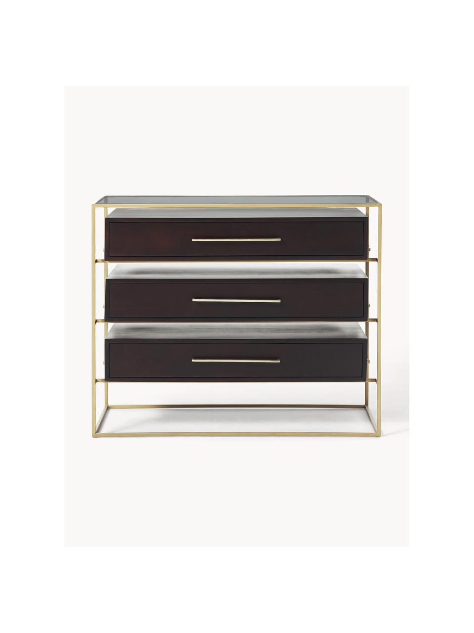 Schubladenkommode Lyle mit Glasplatte, Ablagefläche: Glas, Dunkles Mangoholz, Goldfarben, B 100 x H 82 cm