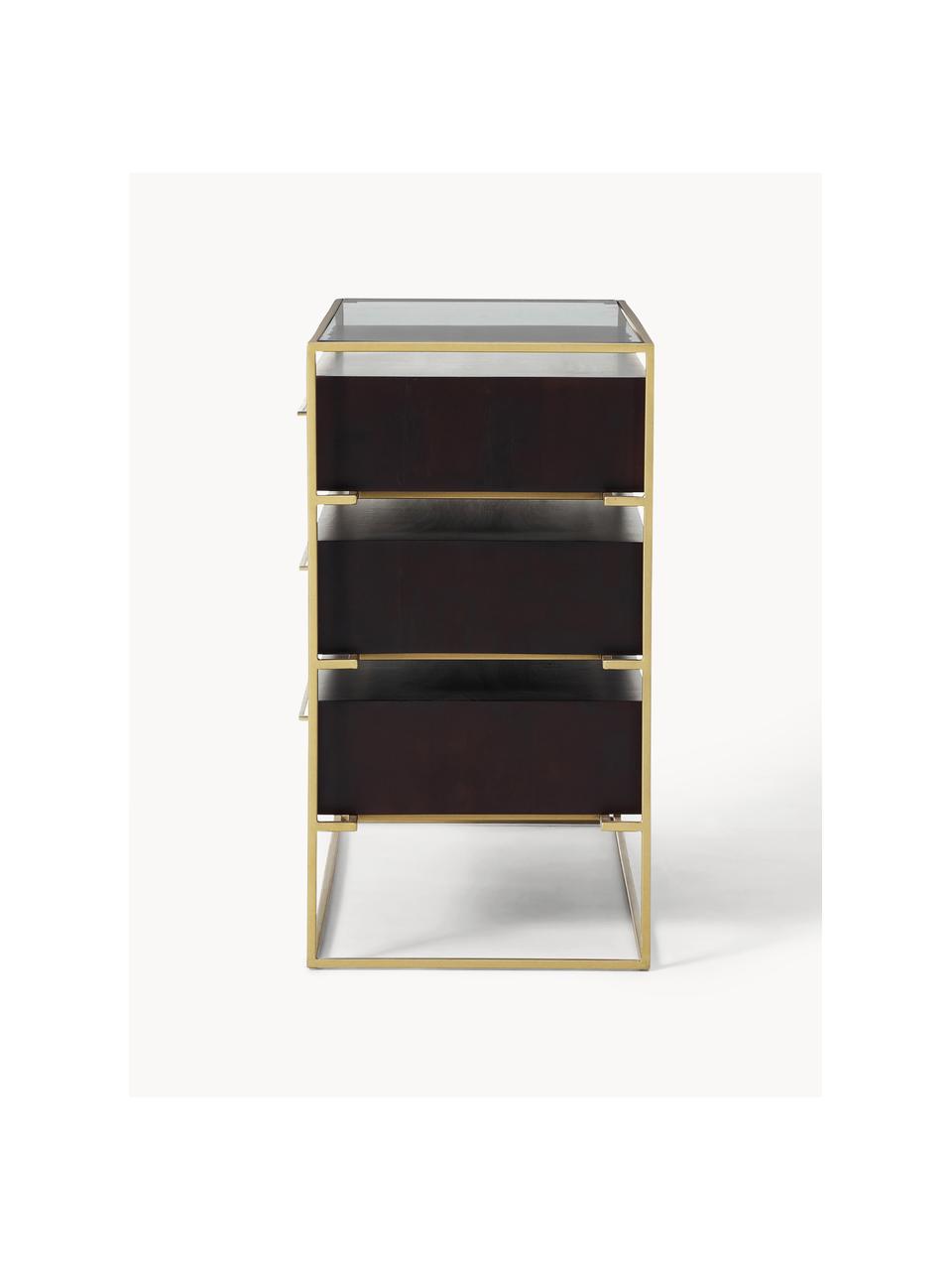 Schubladenkommode Lyle mit Glasplatte, Ablagefläche: Glas, Dunkles Mangoholz, Goldfarben, B 100 x H 82 cm