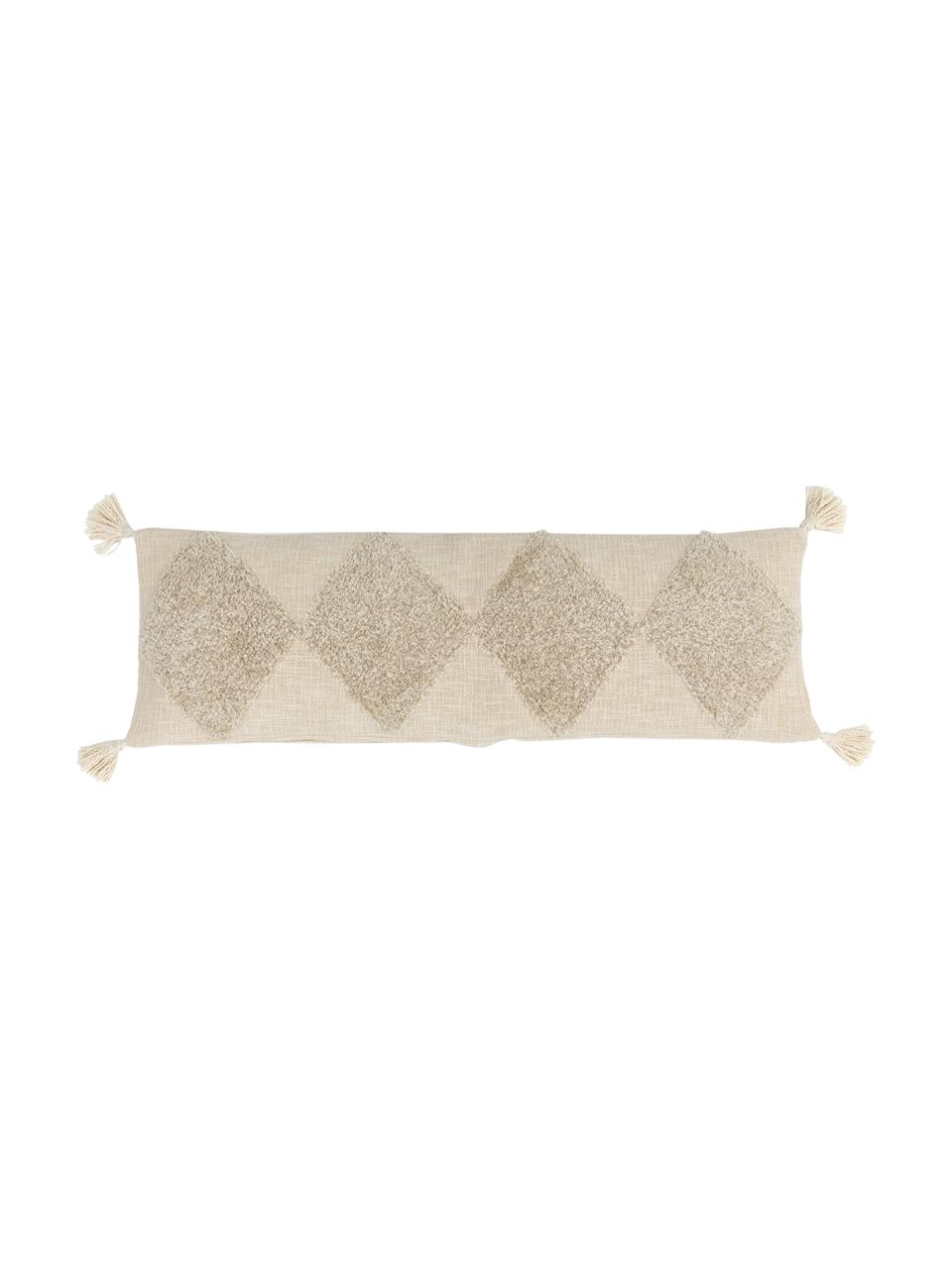 Housse de coussin rectangulaire avec pompons Adara, 100 % coton, Couleur crème, larg. 35 x long. 110 cm