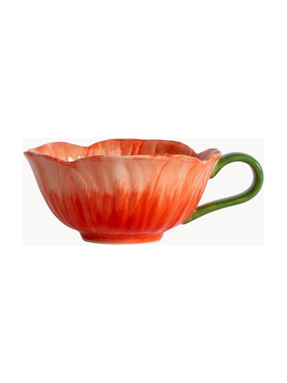 Tazas artesanales con relieves Poppy, 2 uds., Cerámica de gres, Tonos rojos, verde, Ø 12 x Al 6 cm