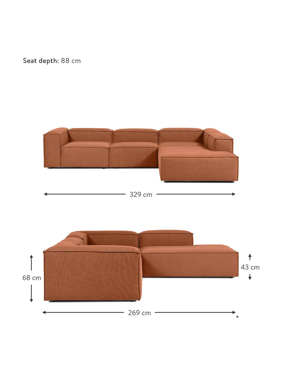 Modulares XL-Ecksofa Lennon, Bezug: 100% Polyester Der strapa, Gestell: Massives Kiefernholz, FSC, Füße: Kunststoff, Webstoff Terrakotta, B 329 x H 68 cm, Eckteil rechts