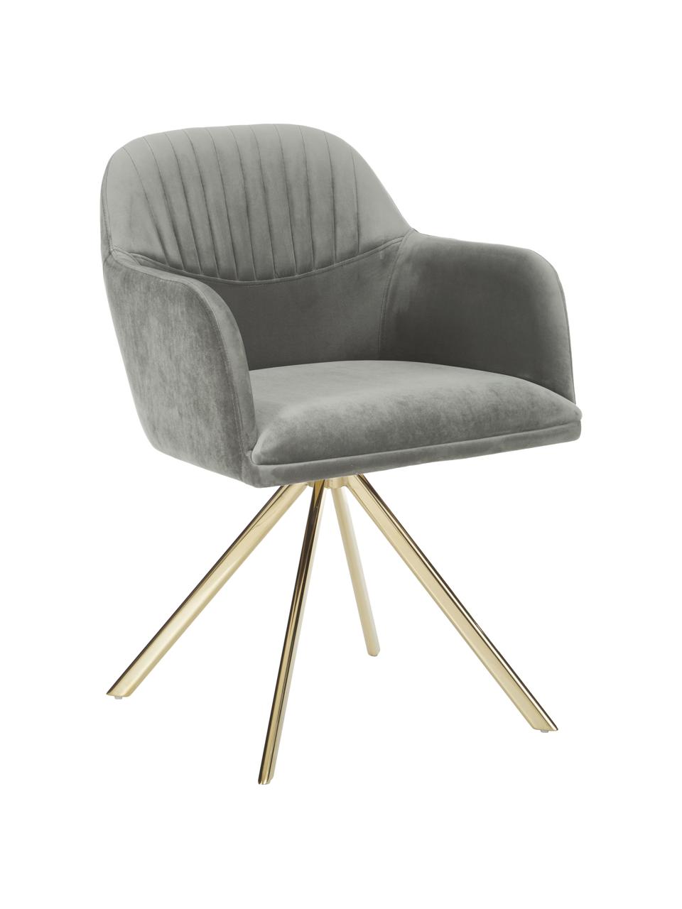Fluwelen draaistoel Lola met armleuning, Bekleding: fluweel polyester Met 50., Poten: gegalvaniseerd metaal, Fluweel steengrijs, goudkleurig, B 53 x D 55 cm