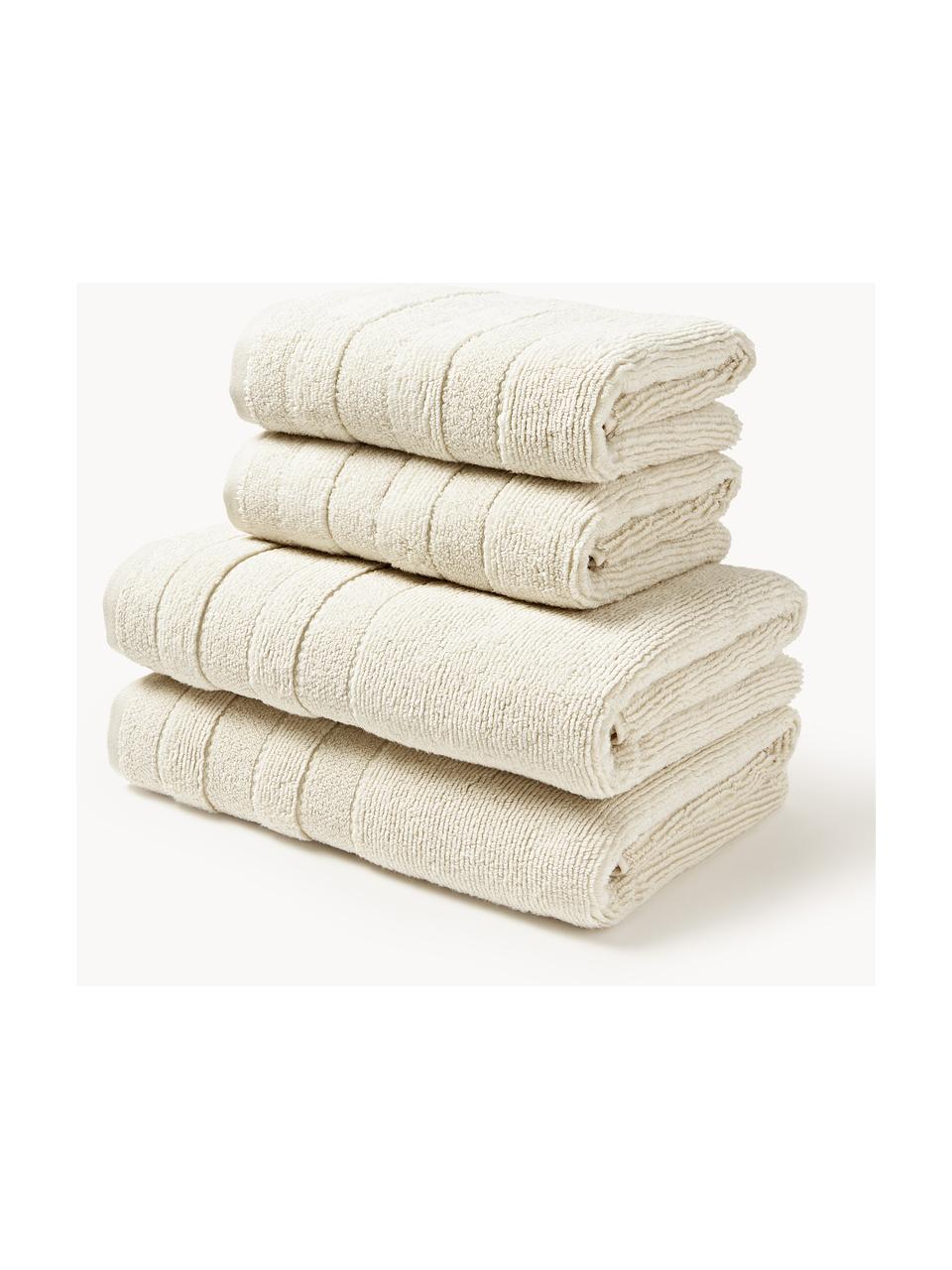 Lot de serviettes de bain avec bordure décorative Luxe, set de tailles variées, Blanc cassé, 3 éléments (1 serviette invité, 1 serviette de toilette et 1 drap de bain)