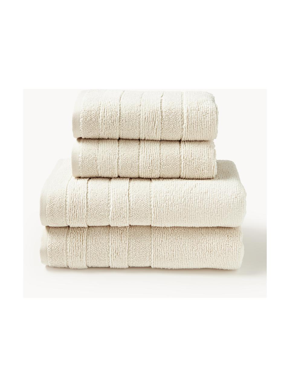 Lot de serviettes de bain avec bordure décorative Luxe, set de tailles variées, Blanc cassé, 3 éléments (1 serviette invité, 1 serviette de toilette et 1 drap de bain)