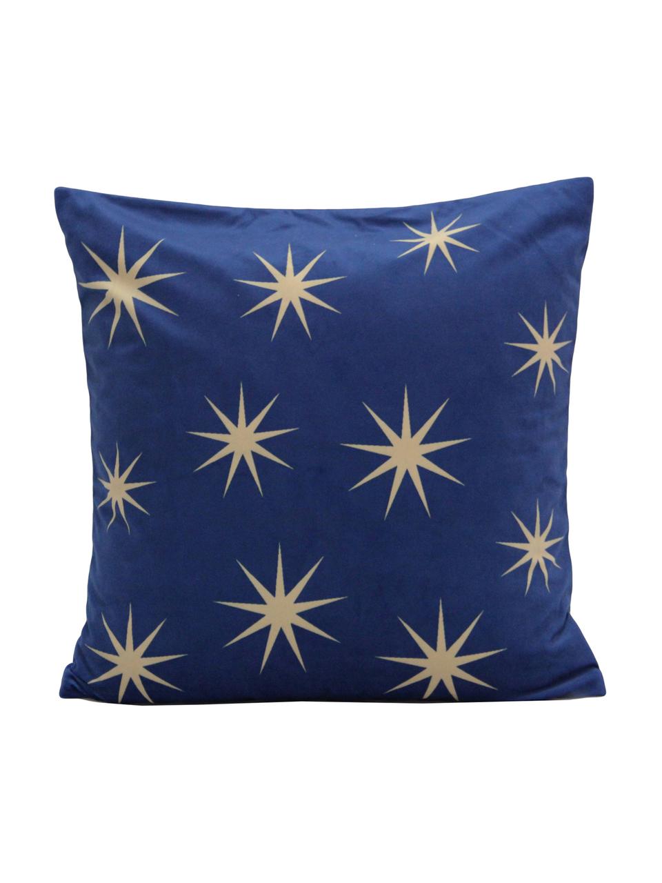 Fluwelen kussenhoes Stars met gouden sterren geborduurd, Polyesterfluweel, Blauw, beige, 45 x 45 cm